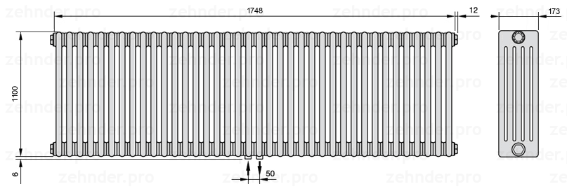 Схема (чертеж) Радиатор Zehnder Charleston 5110/38 №3470 Белый глянцевый RAL 9016